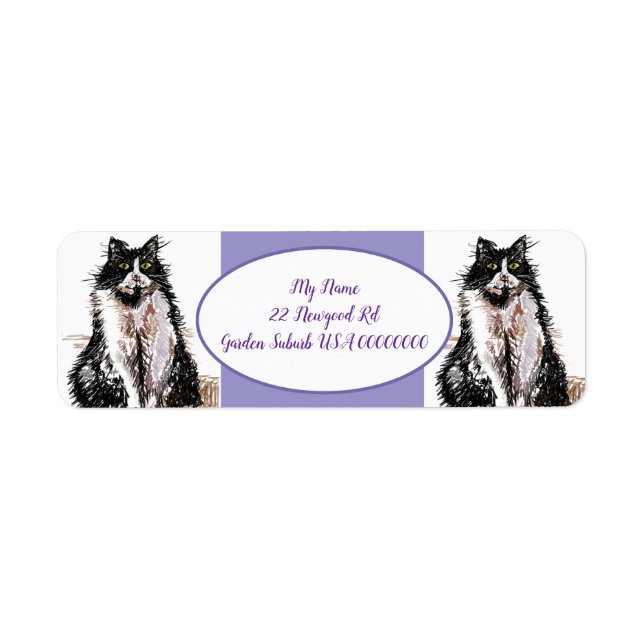 Tuxedo Cat Cats Lila Returetiketter Returadress Etikett (Framsidan)