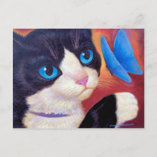 Tuxedo Cat Chasing Butterfly-färgkort Vykort