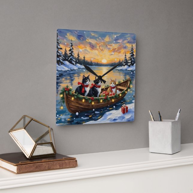 Tuxedo Cat Christmas Boat Holiday Fyrkantig Klocka (Kontor)