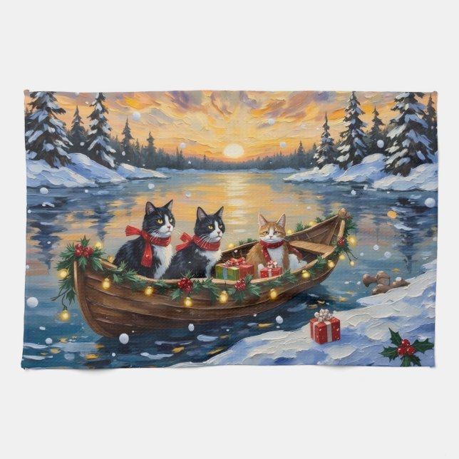 Tuxedo Cat Christmas Boat Holiday Kökshandduk (Horisontell)