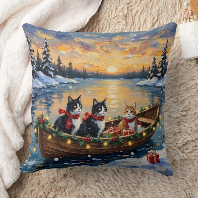 Tuxedo Cat Christmas Boat Holiday Kudde (Filt)