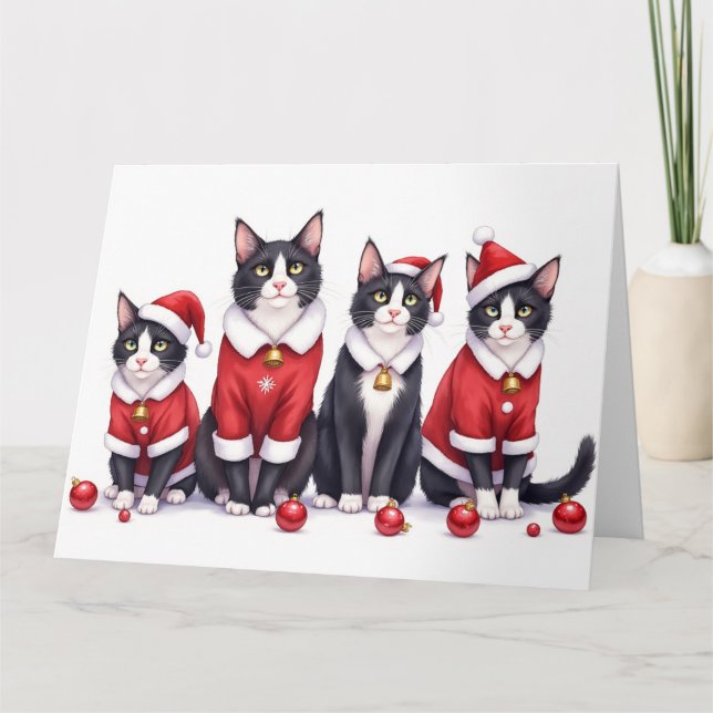Tuxedo Cat Christmas Dress Santa Hat Kort (Framsida)