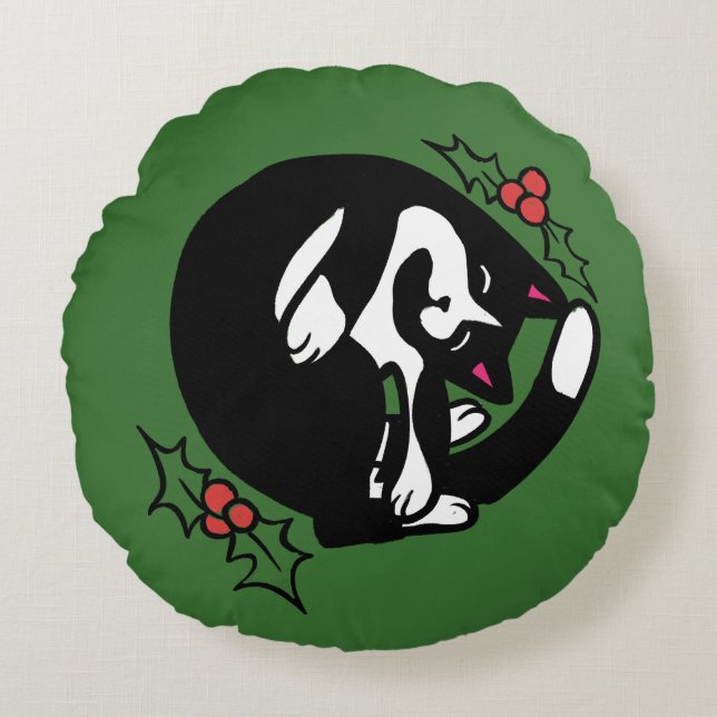 Tuxedo Cat Christmas Rund Kudde (Framsidan)