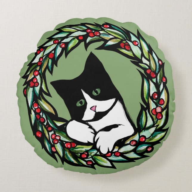 Tuxedo Cat Christmas Yule Holiday Cats Catmas Art  Rund Kudde (Framsidan)