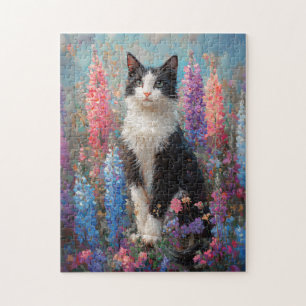 Tuxedo Cat Colorful Lupine Flowers Painting Pussel