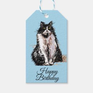 Tuxedo Cat Cute Cats Black White Pastel Blue Presentetikett