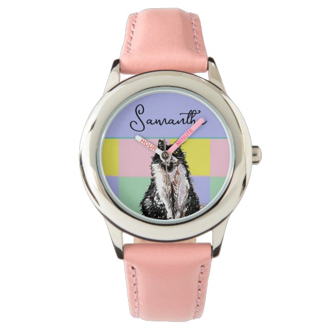Tuxedo Cat Cute Cats Black White Pastel Rainbow Armbandsur (Framsida)
