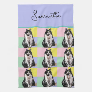 Tuxedo Cat Cute Cats Black White Pastel Rainbow Kökshandduk