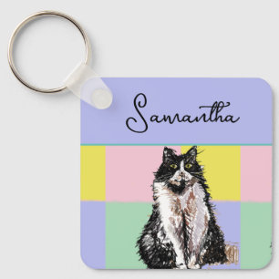 Tuxedo Cat Cute Cats Black White Pastel Rainbow Nyckelring