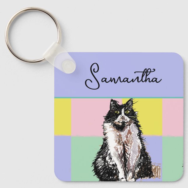 Tuxedo Cat Cute Cats Black White Pastel Rainbow Nyckelring (Framsida)