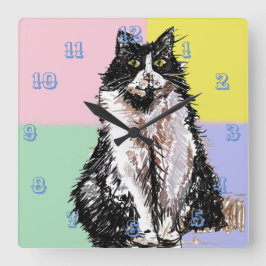 Tuxedo Cat Cute Cats Kids Girls Pastel Room Fyrkantig Klocka