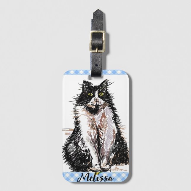 Tuxedo Cat Cute Drawing Black and White Cats Girls Bagagebricka (Framsida vertikal)