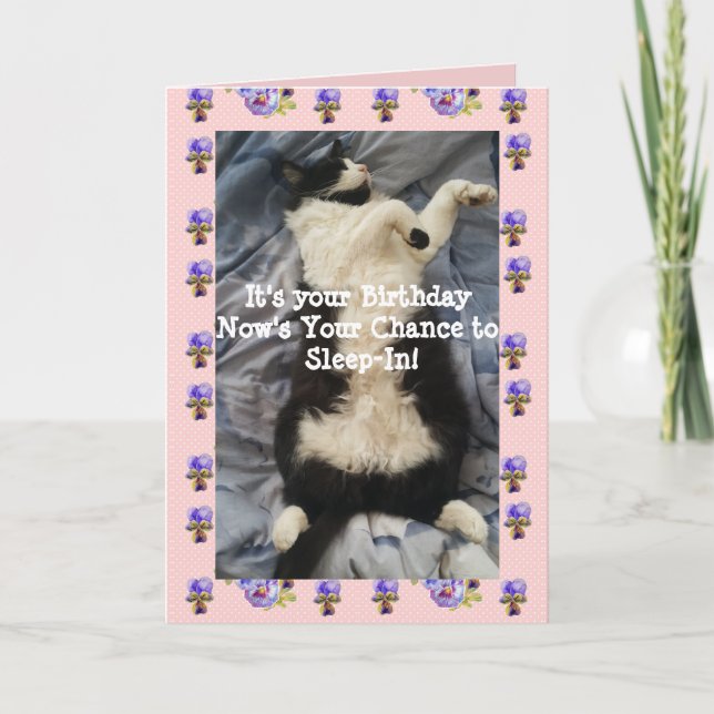 Tuxedo Cat Cute Funny Sleeping Viola Card Kort (Framsida)