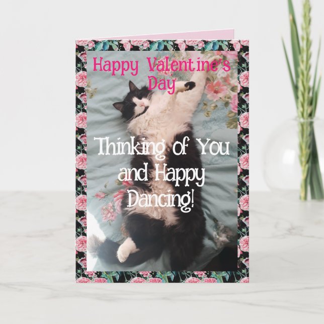 Tuxedo Cat Cute Funny Valentines Day Happy Dance Kort (Framsida)