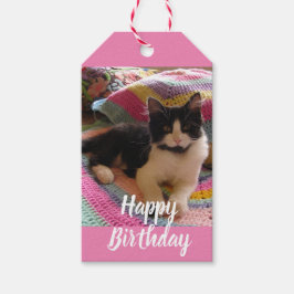 Tuxedo Cat Cute med Söt Crochet Matta Tack Presentetikett