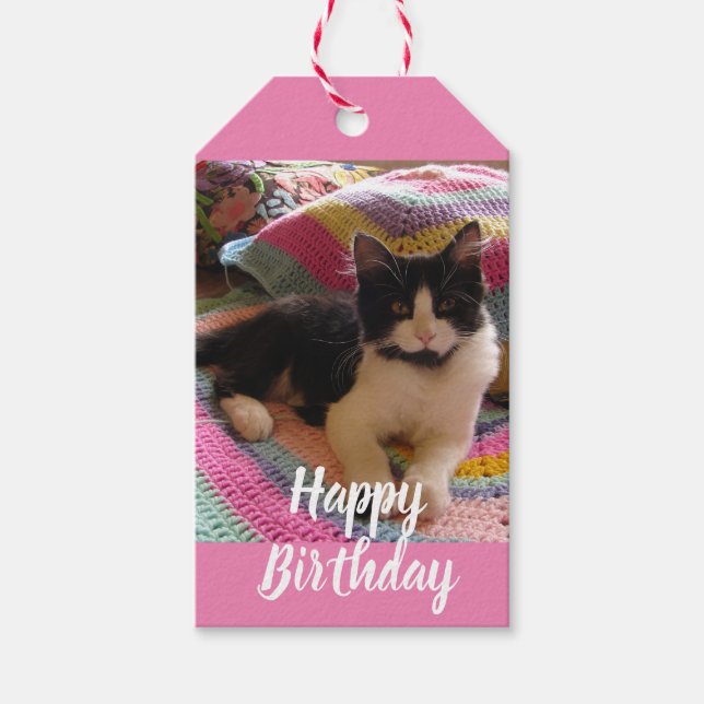 Tuxedo Cat Cute med Söt Crochet Matta Tack Presentetikett (Framsidan)