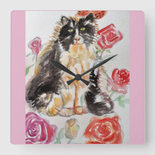 Tuxedo Cat Cute Rosor Flowers Cats Watercolor Ro Fyrkantig Klocka