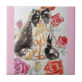 Tuxedo Cat Cute Rosor Flowers Cats Watercolor Ro Kakelplatta
