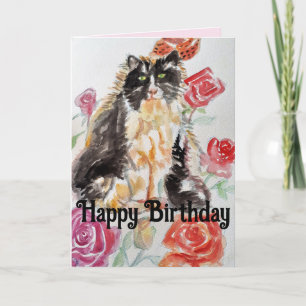 Tuxedo Cat Cute Rosor Flowers Cats Watercolor Ro Kort