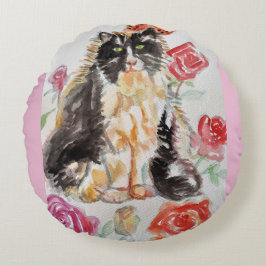 Tuxedo Cat Cute Rosor Flowers Cats Watercolor Ro Rund Kudde
