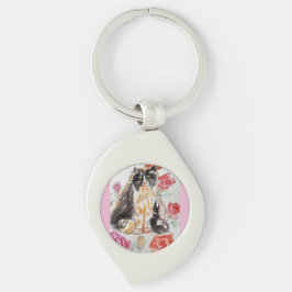 Tuxedo Cat Cute Rosor Flowers Cats Watercolor Ro Swirl Silverfärgad Nyckelring