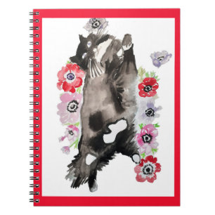 Tuxedo Cat Cute Söt Flowers Cats Watercolor Anteckningsbok