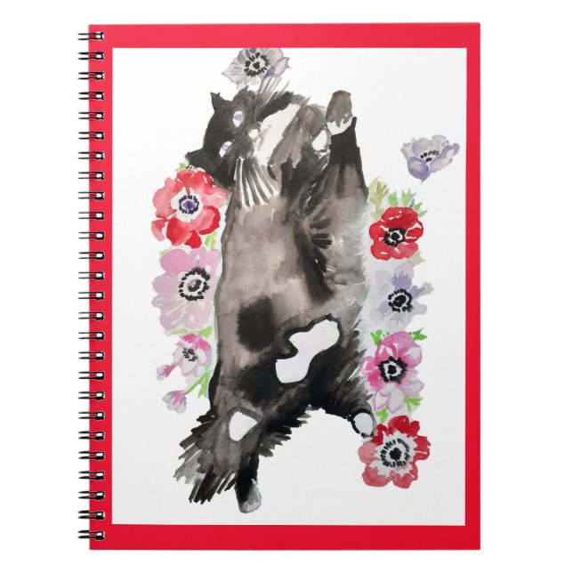 Tuxedo Cat Cute Söt Flowers Cats Watercolor Anteckningsbok (Framsidan)