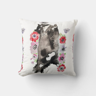 Tuxedo Cat Cute Söt Flowers Cats Watercolor Kudde