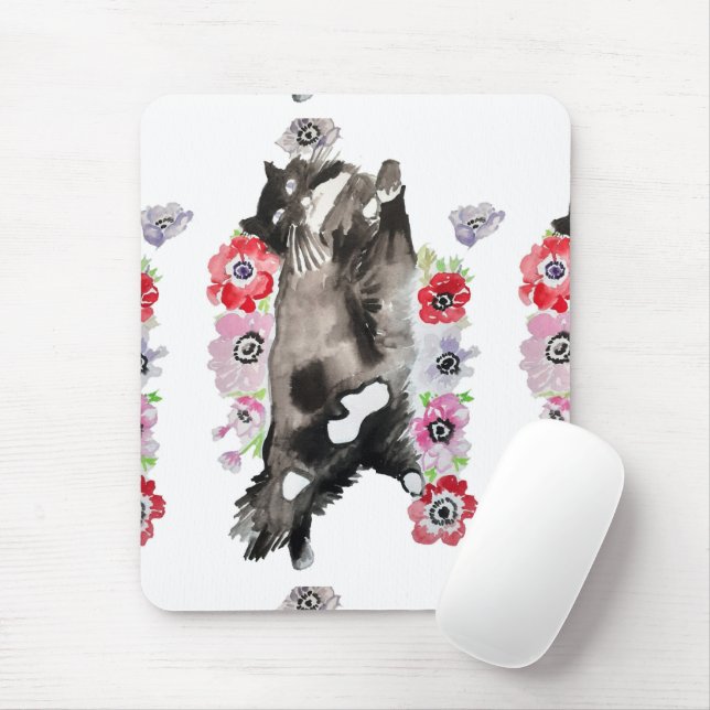 Tuxedo Cat Cute Söt Flowers Cats Watercolor Musmatta (Med mus)