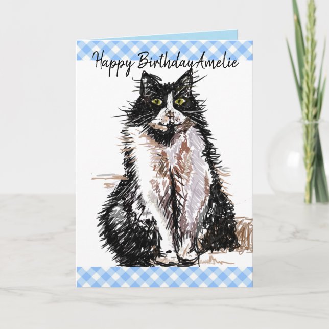 Tuxedo Cat Cute Teckning Black and White Cats Card Kort (Framsida)