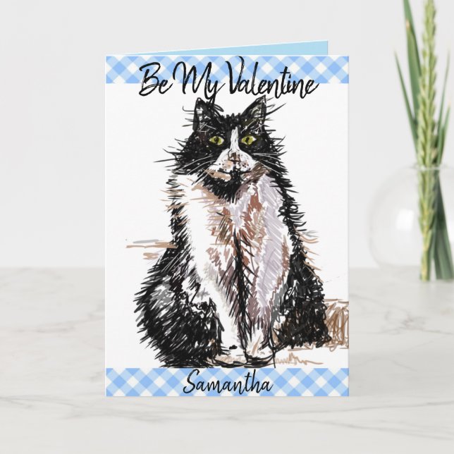 Tuxedo Cat Cute Teckning Black White Valentines da Kort (Framsida)