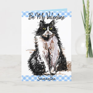 Tuxedo Cat Cute Teckning Black White Valentines da Kort