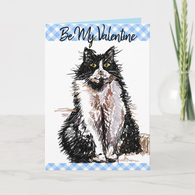 Tuxedo Cat Cute Teckning Black White Valentines da Kort (Framsida)