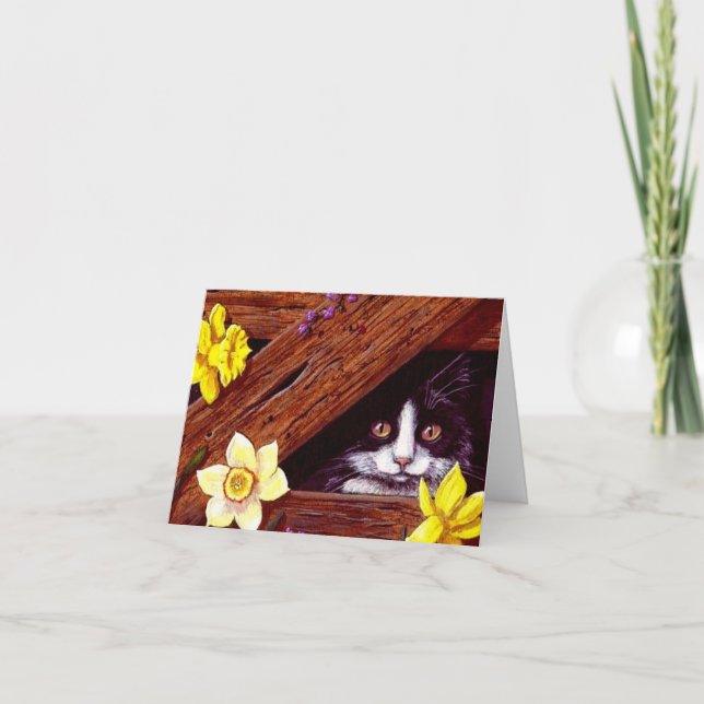 Tuxedo Cat Daffodils Art Creationarts Kort (Framsida)