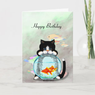 Tuxedo Cat Fishing Birthday Card Kort