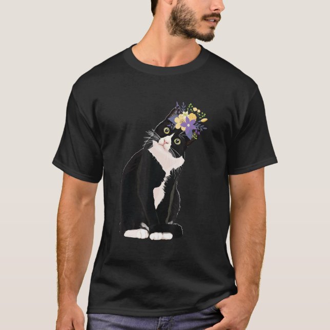 Tuxedo Cat Flowers Kitten Mammor Pappor Kids T Shirt (Framsida)