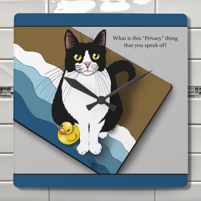 Tuxedo Cat Funny Bathroom Privacy Blue Fyrkantig Klocka (Skapare uppladdad)