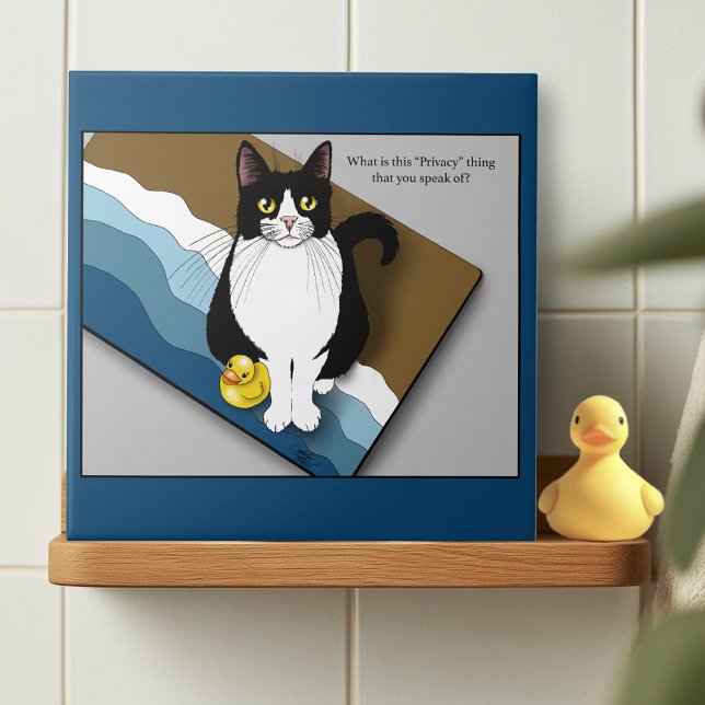 Tuxedo Cat Funny Bathroom Privacy Blue Kakelplatta (Skapare uppladdad)