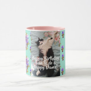 Tuxedo Cat Funny Lycklig Dance Birthday Mugg Aqua