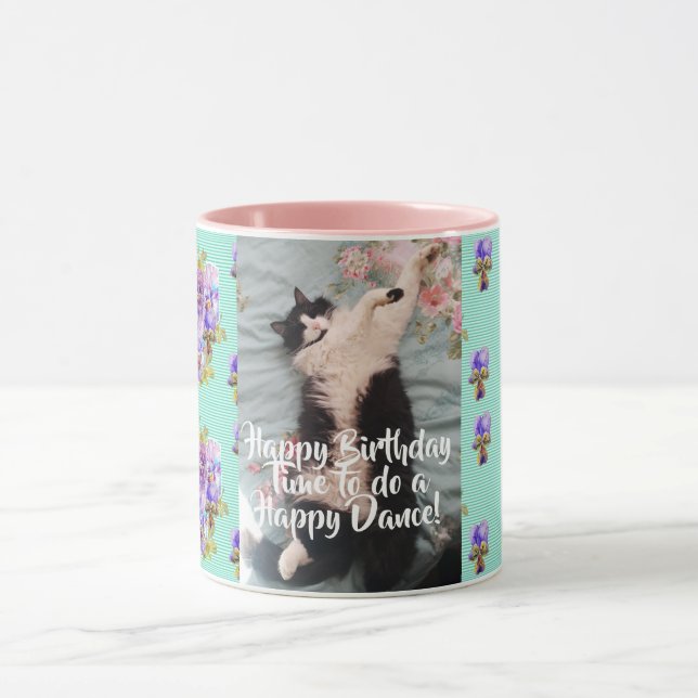 Tuxedo Cat Funny Lycklig Dance Birthday Mugg Aqua (Center)