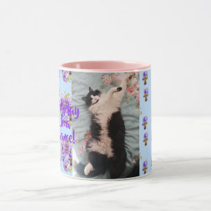 Tuxedo Cat Funny Lycklig Dance Birthday Mugg Blue