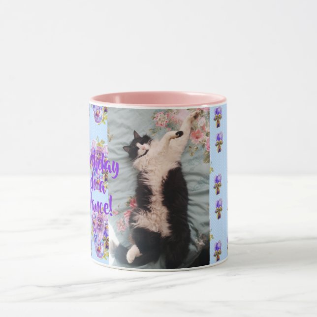 Tuxedo Cat Funny Lycklig Dance Birthday Mugg Blue (Center)