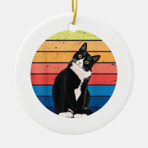 Tuxedo Cat Gift Retro Färg för Djur älskare Julgransprydnad Keramik