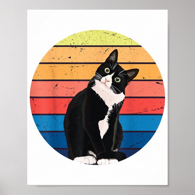 Tuxedo Cat Gift Retro Färg för Djur älskare Poster (Framsidan)