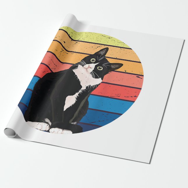 Tuxedo Cat Gift Retro Färg för Djur älskare Presentpapper (Utrullad)