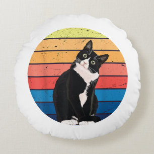 Tuxedo Cat Gift Retro Färg för Djur älskare Rund Kudde