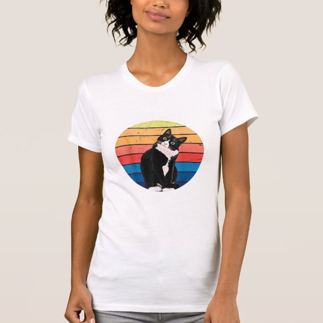 Tuxedo Cat Gift Retro Färg för Djur älskare T Shirt (Framsida)