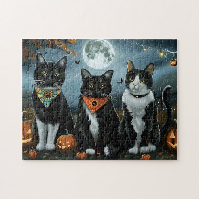 Tuxedo Cat Halloween Spooky Pussel (Horisontell)