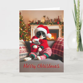 Tuxedo Cat Holding ett julkort för mus Helgkort