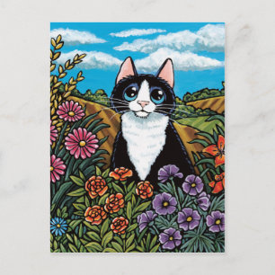 Tuxedo Cat i Flower Fält Meadow Vykort